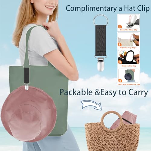 Womens Sun Hats Wide Brim Reversible Bucket Cotton Hat Packable Summer Travel Cap with Hat Clip (Medium / Pink)