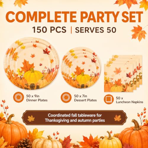 150Pcs Fall Dinner Plates and Napkins Autumn Maple Leaves Pumpkins (Fall Leaves)