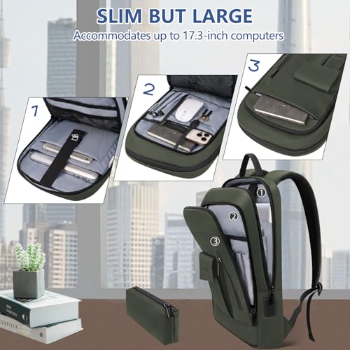 Business Backpack for Men Slim Lightweight Laptop Backpack for 17.3 Inch Computer Water Resistant Small Office Backpack for Commute Travel Daily Office Work with Small Bag (17.3" / With Pocket / Green)