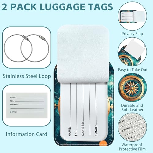 Old Compass on Vintage Map Luggage Tag for Suitcase Set of 2 PU Leather Cute Luggage Tags with Stainless Metal Loop ID Label Privacy Flap Suitcase Tags for Women and Men Travel (Old Compass on Vintage Map)
