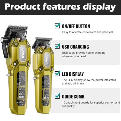 600&900 Cordless Barber Clipper Trimmer Set with LED Display (Gold)