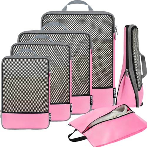 4 Set/6 Set/8 Set Compression Packing Cubes Travel Accessories Expandable Packing Organizers (Half Mesh, 6-Pink) (6-Pink / Half Mesh)