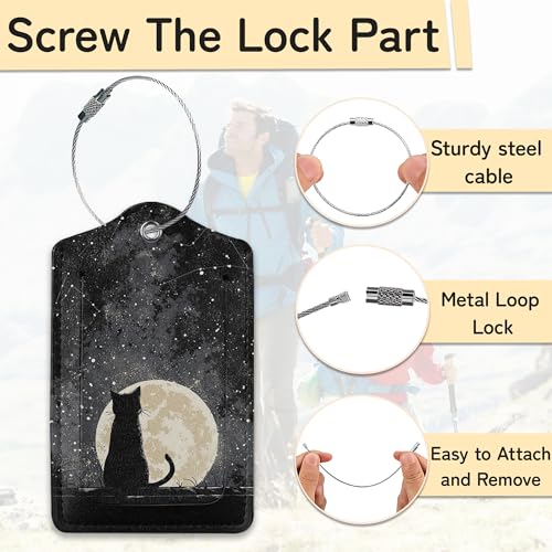 3 Pack Black Cat Luggage Tags for Suitcases (Black Cat Moon Night)