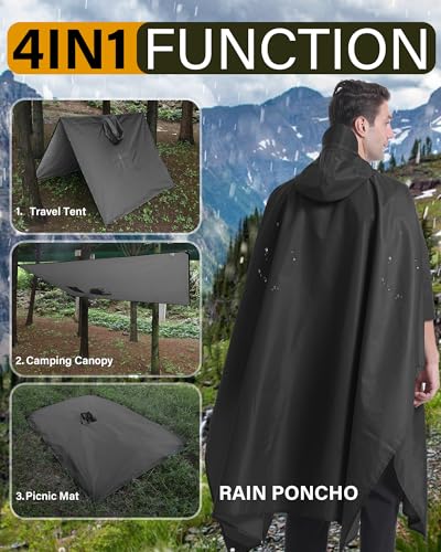 Hooded Rain Poncho Packable Waterproof Unisex Raincoat with Pocket (Large / Black)