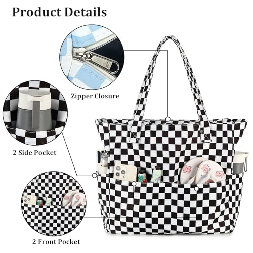 Large Beach Bag for Women (Black White Grid)