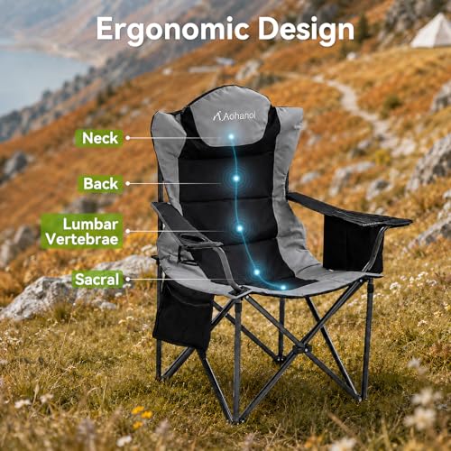 Heavy Duty Camping Chairs for Adults with Cup Holder & Cooler Bag (Black Gray | 500lbs)