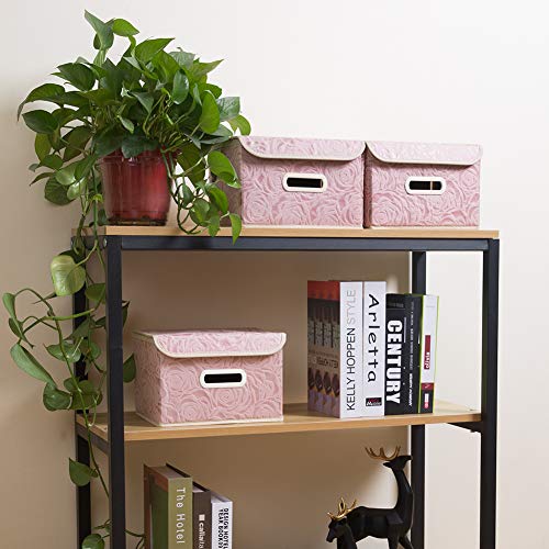 Collapsible Storage Boxes with Lids Fabric Decorative Storage Bins Cubes Organizer Containers Baskets with Cover Handles Divider for Bedroom Closet Living Room 9.8x7.9x6.7 Inch 3 Pack (Pink / Small(3-Pack))