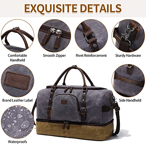 Nerlion Weekender Bag with Shoe Compartment Large Overnight Bag for Men Canvas Genuine Leather Carry on Luggage Bag Travel Duffel Bag (Gray)