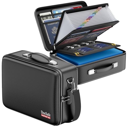 Fireproof Document Box Hard Case with Lock＆Accordion File Folder (15.2" x 11.2" x 5.3" / Black)
