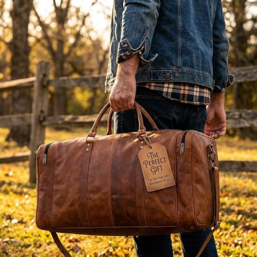 Leather Duffle Bag for Men Luggage Handmade Travel Bag Carry On Luggage Weekender Bags Overnight Gym Sports Cabin Holdall Bag For Airplanes Men And Women (28 inch)