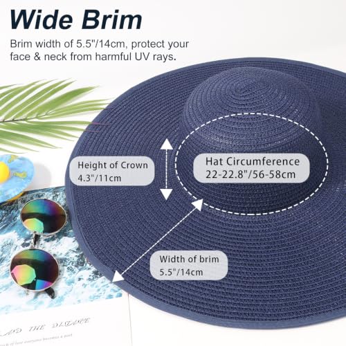 Sun Hats for Women Wide Brim Summer Hat Large Floppy Sun Straw Hat Foldable Packable Beach Hats UPF 50+ (Medium Size: Navy / Brim 5.5" (Head Circumference 22-22.8"))