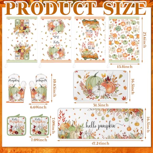 10 Pcs Fall Pumpkin Kitchen Decor Set Kitchen Towels Pot Holders Oven Mitts and Rugs Set Thanksgiving Towels for Baking Cooking BBQ Autumn Home (Light Color / Little Fresh)