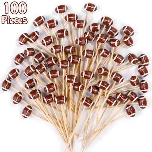 100 Pieces Football Decorative Sports Ball End Cocktail Skewers 4.7 Inch Bamboo Cocktail Picks Wooden Decorative Fruit Toothpicks for Appetizers Bar Drinks Fruit Sandwich Buffets Party Supplies (Football)