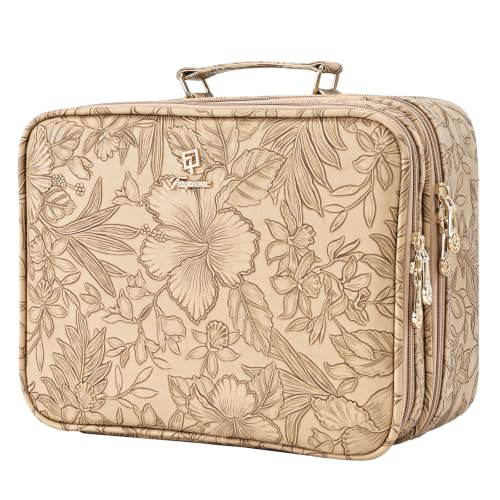 Makeup Bag with LED Lighted Mirror 12.2 IN Cosmetic Train Case Double Layer (12.2 Inch Khaki Floral / 0-Double Layer)