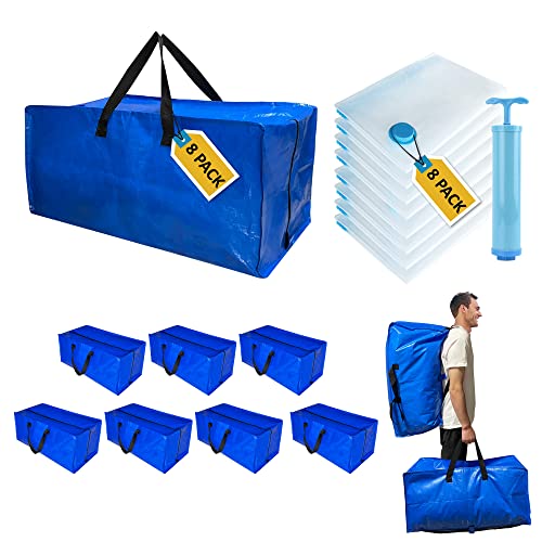 16 Pack Heavy Duty Extra Large Moving Bags with Backpack Straps & Large Vacuum Storage Bags Moving Supply Combo (16 Pack-8 Moving Bags+8 Vacuum Bags)