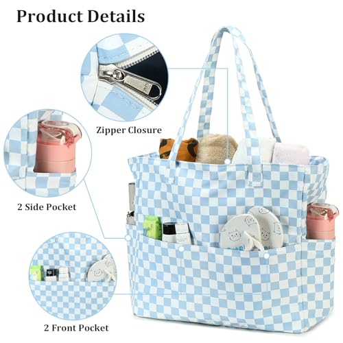 Beach Bag Waterproof Sandproof Women Beach Tote Bag Pool Bag with Zipper for Gym Grocery Travel with Wet Pocket (Light Blue White)