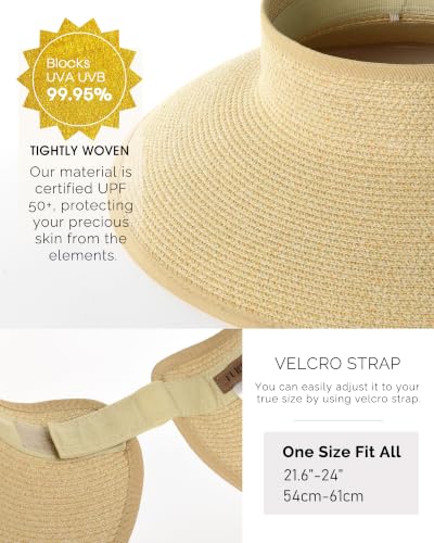 Womens Sun Hat with Ponytail Hole Wide Brim Beach Straw Visor (Medium / Beige Khaki Mix)