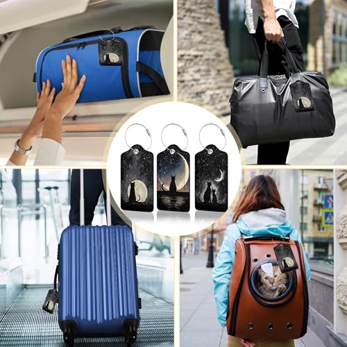 3 Pack Black Cat Luggage Tags for Suitcases (Black Cat Moon Night)