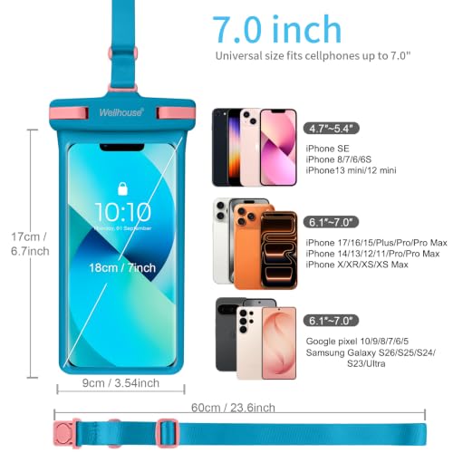 3D Waterproof Phone Pouch with Lanyard (1 Pack - Blue7.0")