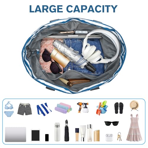 Beach Bag Waterproof Sandproof Large Capacity Foldable for Women (35L / Navy Stripe)