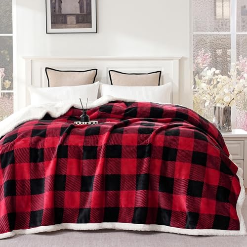 Sherpa Fleece Throw Blanket 80" x 90" Reversible Plush Fluffy Large Big Blanket Lattice Flannel Blankets for All Season Use (Red and Black / 80"*90")