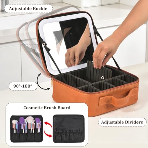 Travel Makeup Bag with Mirror & 6 Adjustable EVA Dividers (Camel---6 Dividers)