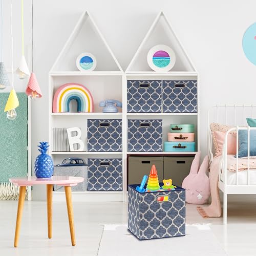 11 Inch Foldable Cube Storage Bins with Handle (6 Pack - 10.5" x 10.5" x 11" / Steel Blue)