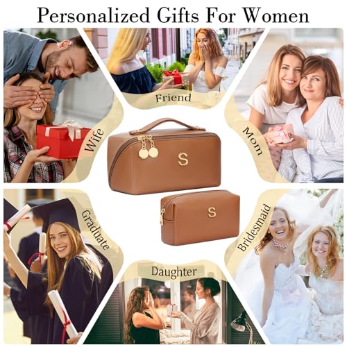 Initial Makeup Bag Personalized Gift for Women Teen Girls (Brown / S)