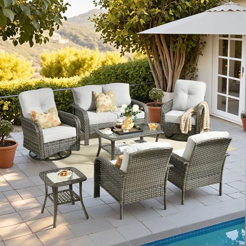 Patio Furniture Set (7 PCS Loveseat Rocking Chair Set / Light Grey)
