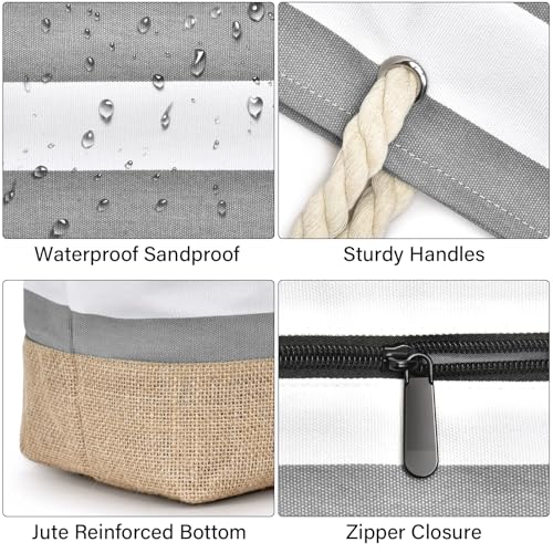 Beach Bag Initial Beach Tote with Makeup Bag for Travel (Light Grey / Plain)