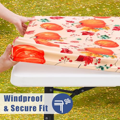 2 Pack Rectangle Spandex 6FT Elastic Fitted Thanksgiving Tablecloth (Orange & Beige / 72" x 30" (Rectangular))