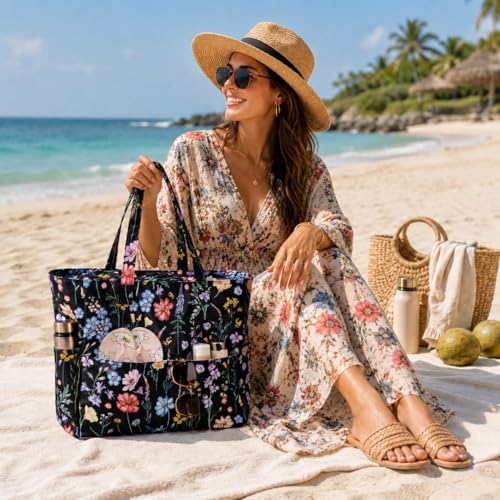 Waterproof Beach Tote Pool Bags for Women Ladies Extra Large Carry On Bag With Wet Compartment for Weekender Travel (Black Butterfly-floral)