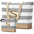 Beach Bag Initial Beach Tote with Makeup Bag for Travel Work Storage Personalized Birthday Gifts for Women Her (Light Grey / S)