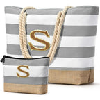 Beach Bag Initial Beach Tote with Makeup Bag for Travel Work Storage Personalized Birthday Gifts for Women Her (Light Grey / S)