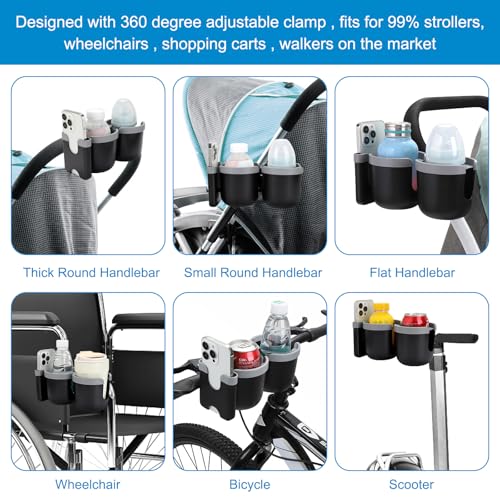 Stroller Cup Holder with Phone Holder (Double Holder-Grey)