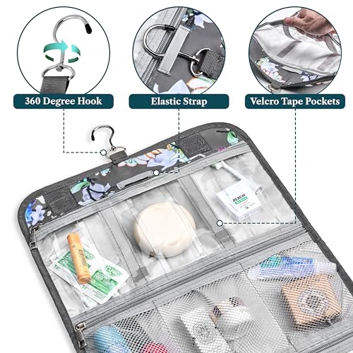 Hanging Toiletry Bag for Women Men Foldable Travel Organizer Floral (Grey Floral)