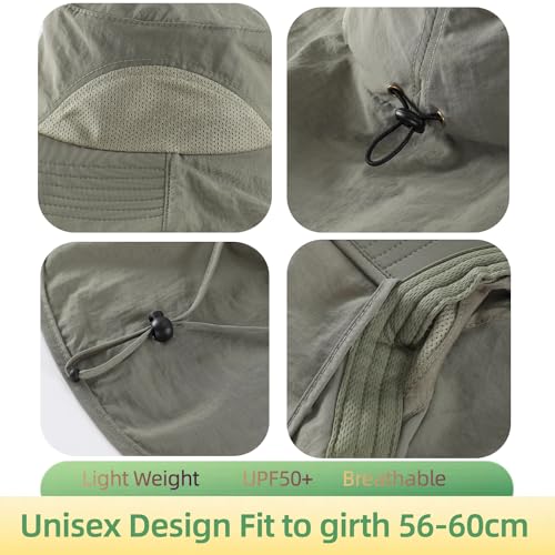 Outdoor UPF50+ Sun Hat Wide Brim Mesh Fishing Hat with Neck Flap (Large-X-Large / Pea Green)