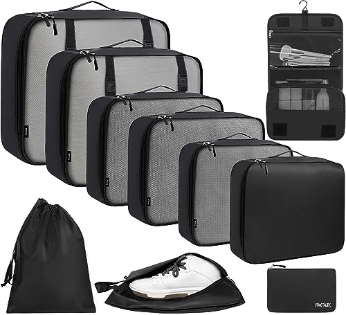 10 Set Packing Cubes Various Sizes Packing Organizer for Travel Accessories Luggage Carry On Suitcase (10-Black / 10 Set-full Mesh)