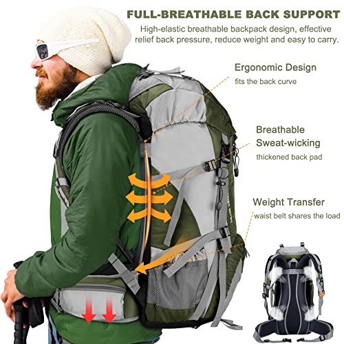 50L Hiking Backpack with Rain Cover for Both Men & Women (Green)