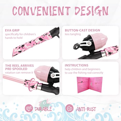 Kids Fishing Pole with Reel Beginner Kit for Boys Girls Ages 3 (Light Pink)