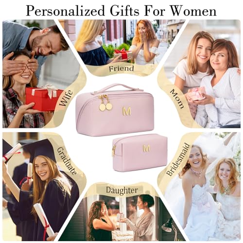 Initial Makeup Bag Personalized Gift for Women Teen Girls (Pink / M)