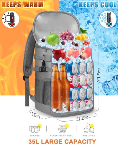 Cooler Backpack Insulated Leak Proof for Women Men Soft Cooler Bag (45 Cans / Leather Gray with Yellow)