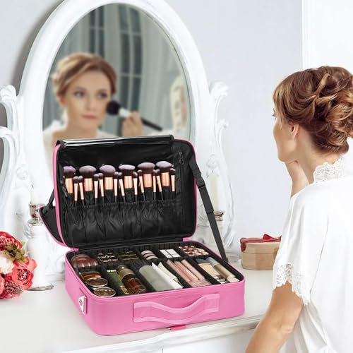 Makeup Case Large Makeup Bag Professional Train Case Travel Cosmetic Organizer Brush Holder Waterproof Makeup Artist Storage Box (Large / Rose Pink)
