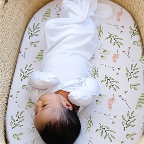 Stretch Fitted Bassinet Sheet Set BROLEX 2 Pack Cradle Sheets for Bassinet Pad (Fawn Flora / 32x16 Inch)