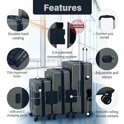 Patented Connecting Hard Shell 3 Piece Luggage Set (Slate Grey / 3-Piece Set)