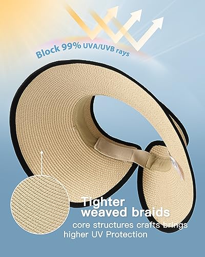 Womens Sun Hat with Ponytail Hole Wide Brim Beach Straw Visor (Medium / Beige With Black)