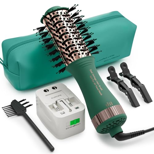 Dual Voltage Travel Hair Dryer Brush Mini Hot Air Hair Styling Tool (50mm Oval / Emerald&rose Gold)