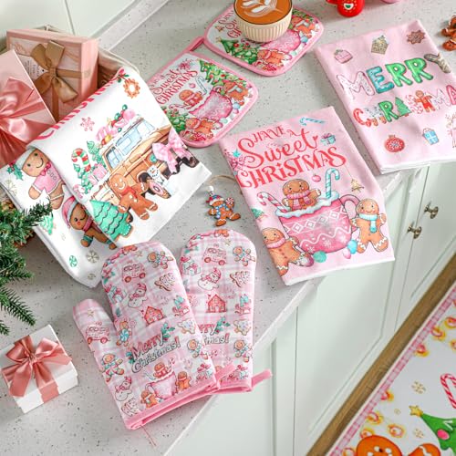 10 Pcs Christmas Gingerbread Man Kitchen Decor Accessories Set (Pink / Gingerbread Man)