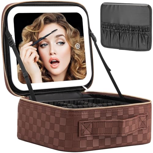Makeup Travel Train Case with Mirror LED Light 3 Adjustable Brightness Large Cosmetic Bag Portable Storage Adjustable Partition Waterproof Makeup Brushes Make up Jewelry Gift for Women (Plaid Brown)