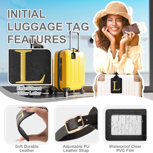 Personalized Initial Luggage Tags for Suitcase TSA Approved (Black Leather,glod Letter / L)